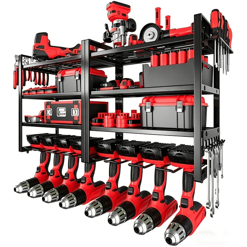 

4-layer Wall-mounted Heavy-duty Power Tool Storage Rack with 8 Perforated Brackets, Tool Rack And Storage Rack for Garage Organization, Enlarged Heavy-duty Metal Garage Tool Organization Rack with Charging Station, Suitable As A Gift for Men, Storage