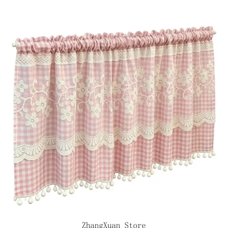 Short Polyester Curtain Panel with Rod Pocket, Gingham Trim and Privacy Support for Kitchen, Bath and Home Use 3XUF