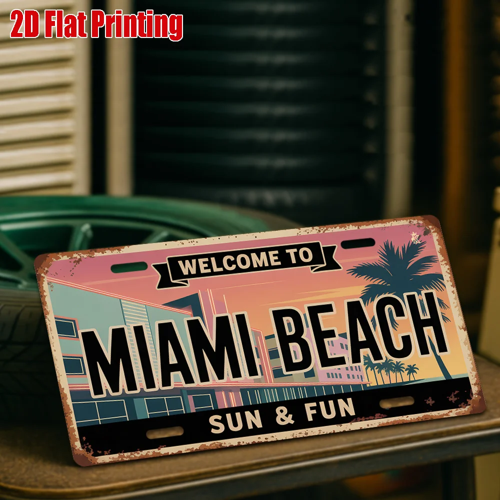 2D Flat, 2D Flat Printing, 1pc, Vintage Metal Sign, for Decorationg Only, Outdoor Wall Art (29.97cm * 14.99cm), MIAMI BEACH Alum