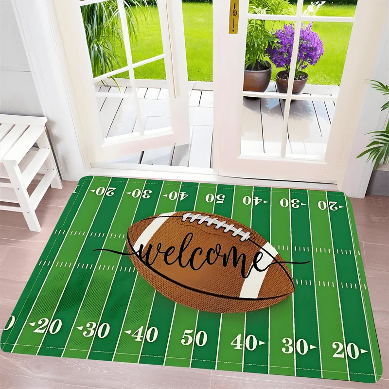 Rugby Helmet And Ball Floor Mat Durable Non Slip Entryway Rug For Gym Bathroom And Athletic Themed Home Use