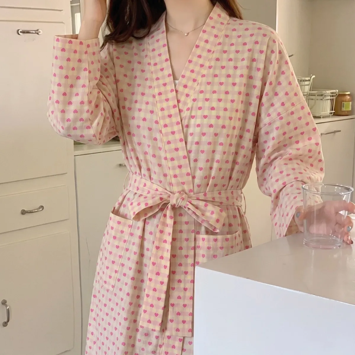 

Spring and Summer Sexy Women's Chenyi Bathrobe Women's Checkered Love Loose Robe V-neck Long Sleeve Home Sleepwear