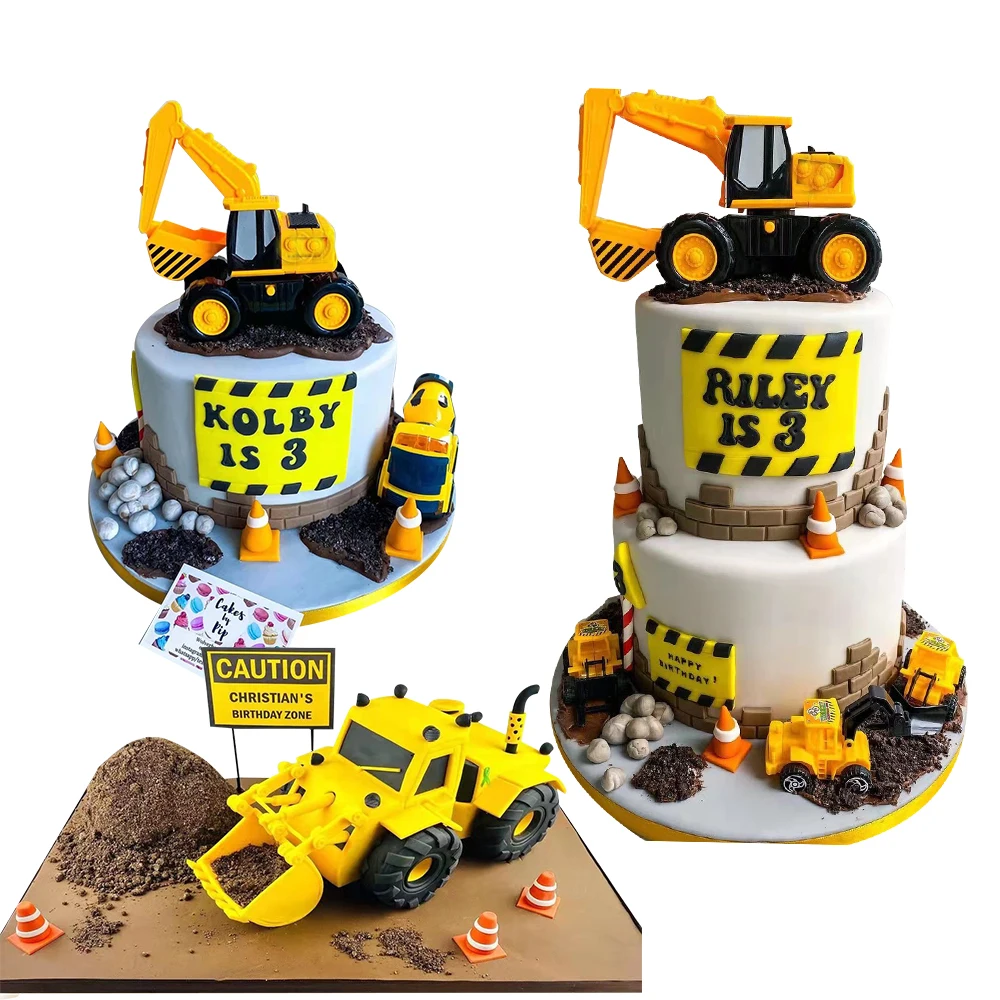 Construction Vehicle Cake Toppers Excavator Bulldozer Paper Toppers for Boy\'s Construction Birthday Party DIY Cake Decorations