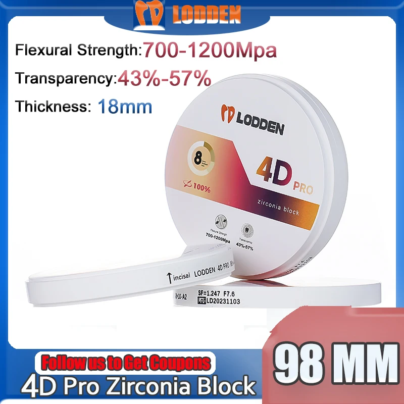 LODDEN Dental Lab Zirconia Block 4DPro Multilayer Dental Material 98x18mm Transparency 43-57% Strength 700-1200Mpa 100% Sinocera