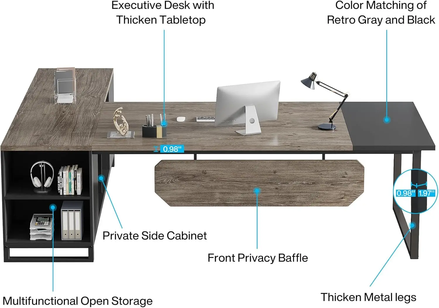 70.8 "Executive Desk Met 55" Archiefkast, Industrieel L-Vormig Computerbureau Met Opbergplanken En Kast, Retro Grijs & Zwart