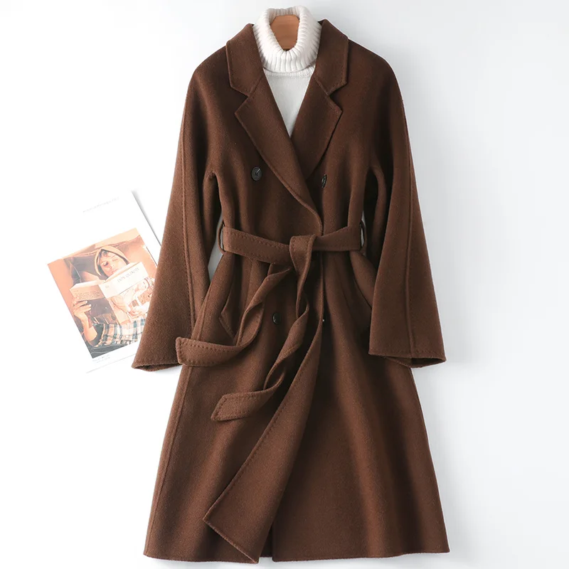 

Chocolate Double sided Cashmere Coat Women's Mid length 2022 Autumn/Winter New Hepburn Style Woolen Coat