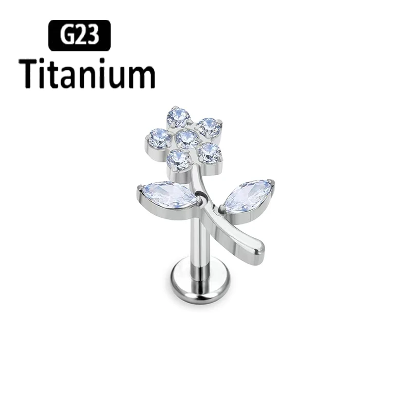 Piercing d'Oreille en Titane ASTM F136, Bijoux de Haute Qualité, Fleur CZ, Labret, Tragus, Cartilage, Conque Avant, Helix, 16G