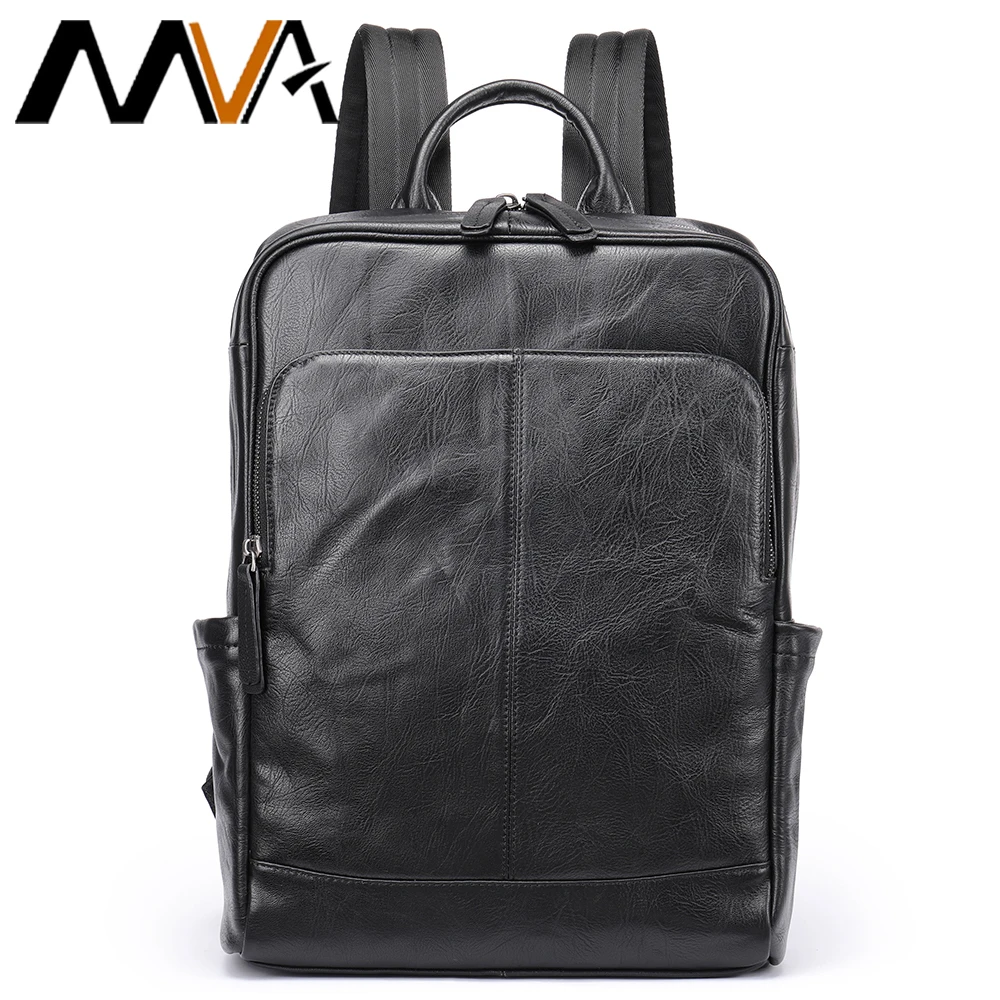 

MVA Men's Caual School Backpack Genuine Leather Black Handheld Unisex Backpack Laptop 14 inch Travel Classic Backpacks For Men