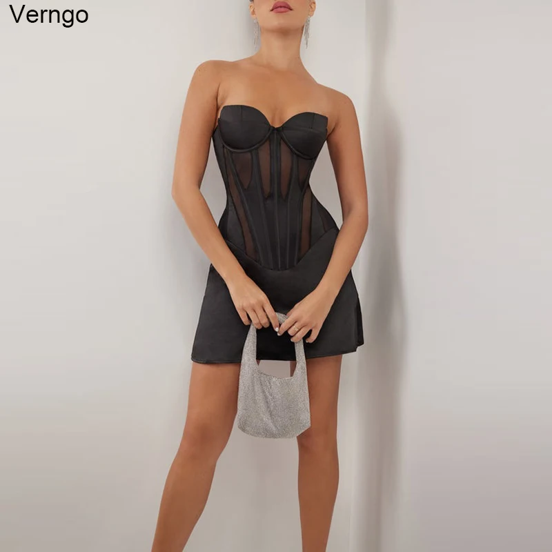 Verngo-Vestidos de Fiesta Cortos sin mangas para niña, minivestido Sexy de satén negro para fiesta de cumpleaños, 2023