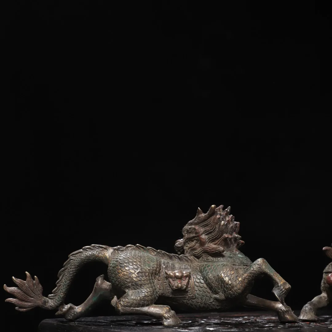 10' Collection Old Bronze Gilded Cinnabar Kirin Statue Mythical Beast A Pair Amass Wealth Ornaments Town House Exorcism