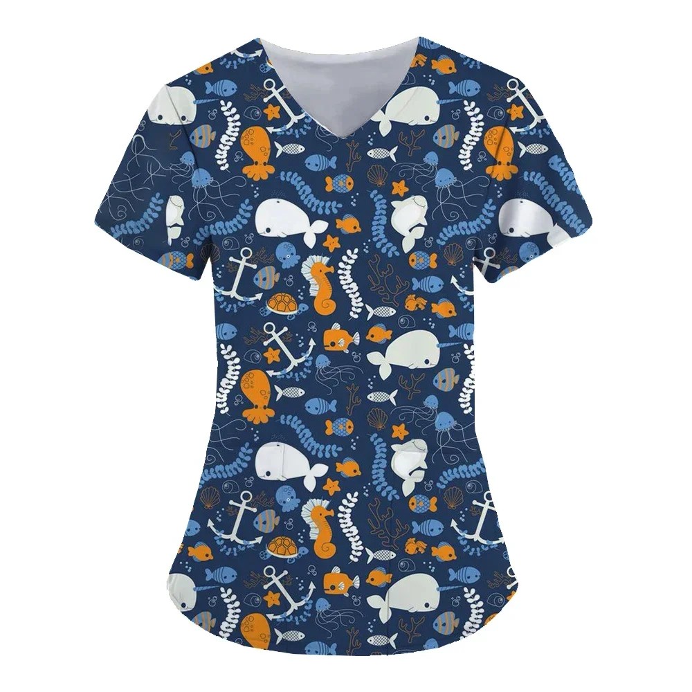 3Dプリントのナースユニフォーム,ポケット付きVネック,海洋生物パターン,快適でファッショナブル