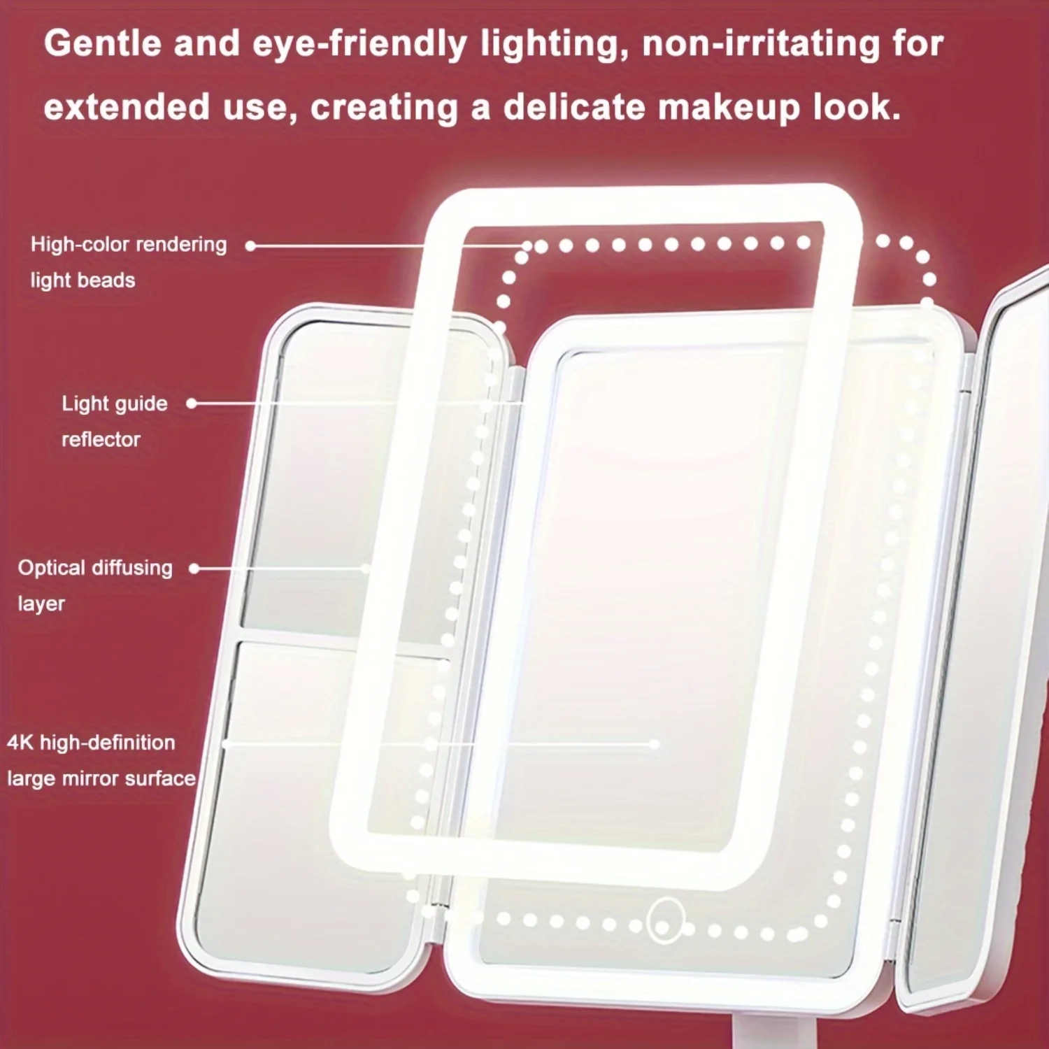 Foldable Lighted Makeup Mirror, USB Rechargeable Mirror, 3 Colors Light, Dimming, Vanity Mirror for Makeup