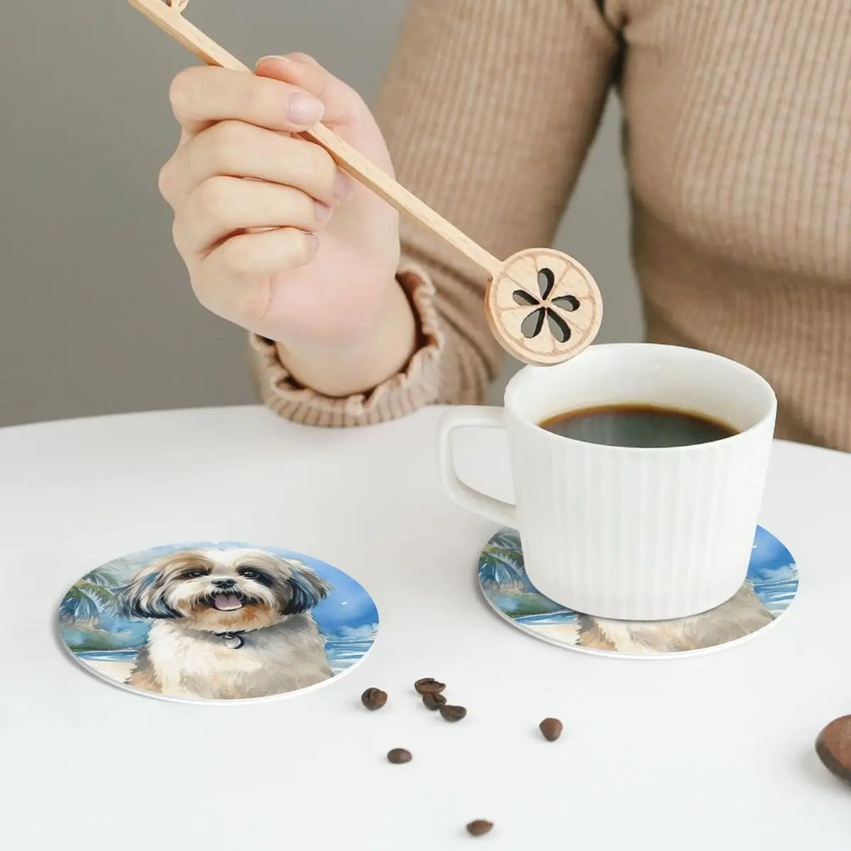 Shih Tzu On The Beach Coasters PVC Leather Placemats Non-slip Coffee Mats for Home Kitchen Dining Pads Set of 6