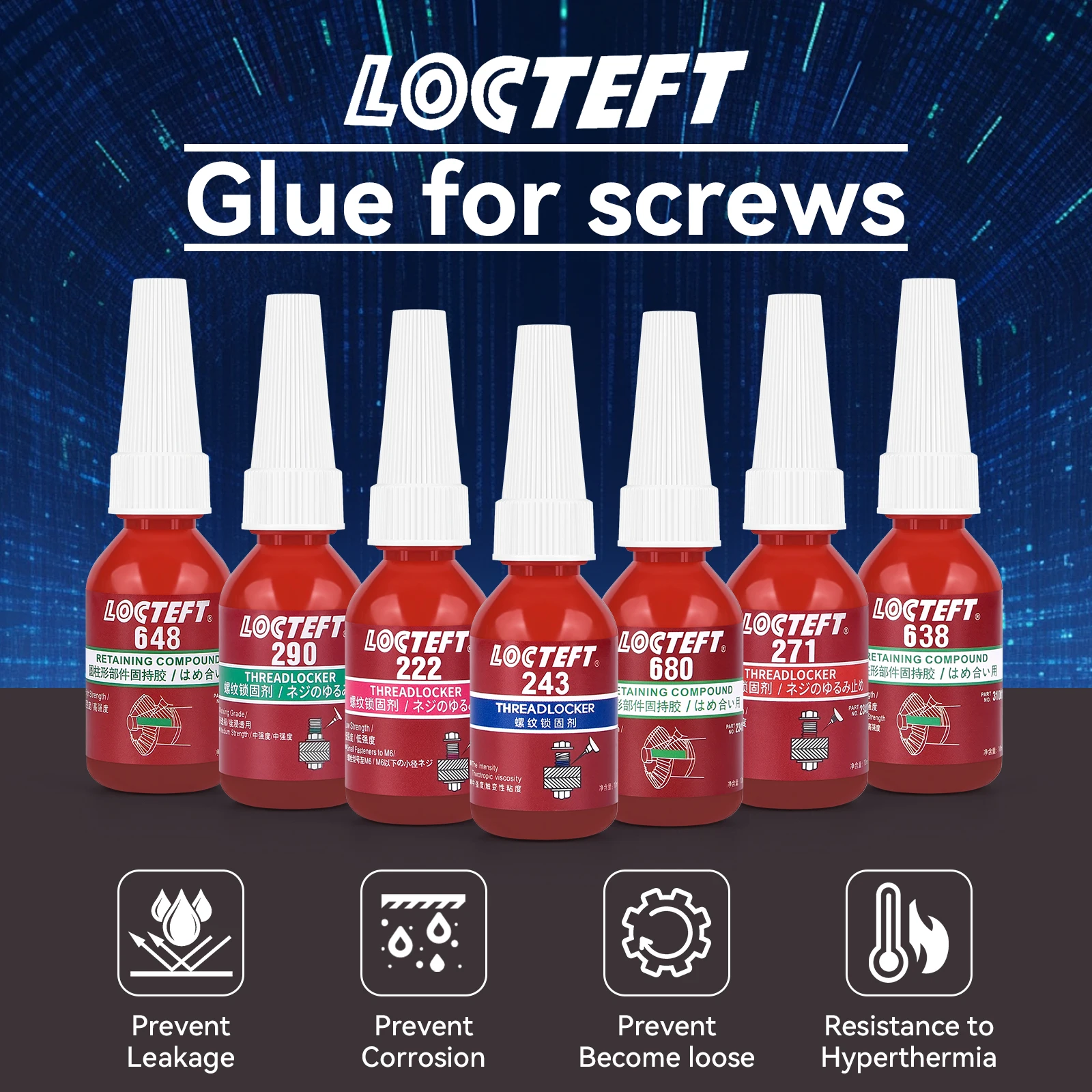 Pegamento para tornillo bloqueador de roscas, agente de bloqueo de rosca de curado rápido, adhesivo anaeróbico, pegamento antiaflojamiento resistente a la corrosión, 10ml