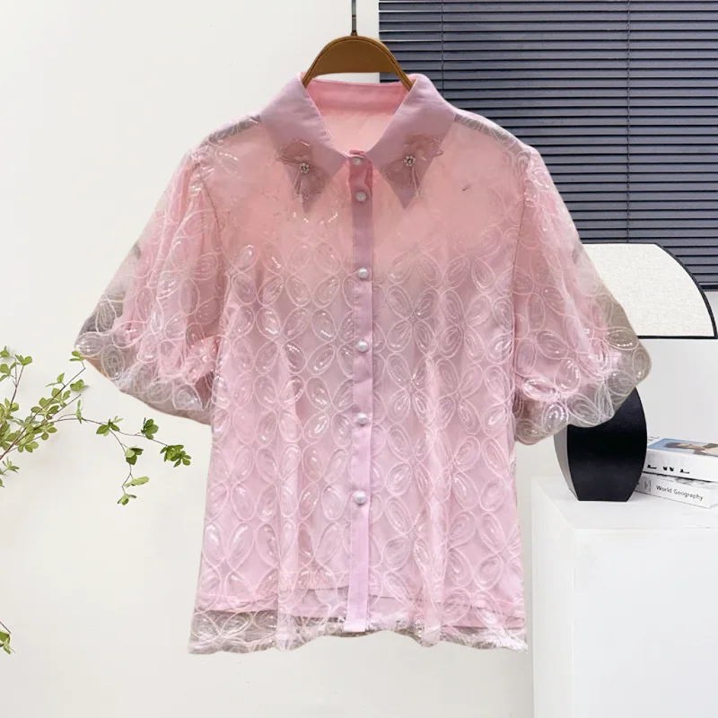 

Black,New,Korean,Style,Blouse,Chic,Sexy,Polo collar,Bowknot,Button,Beading,Embroidery,Women,Short Sleeve,Cardigan,Tops,562102