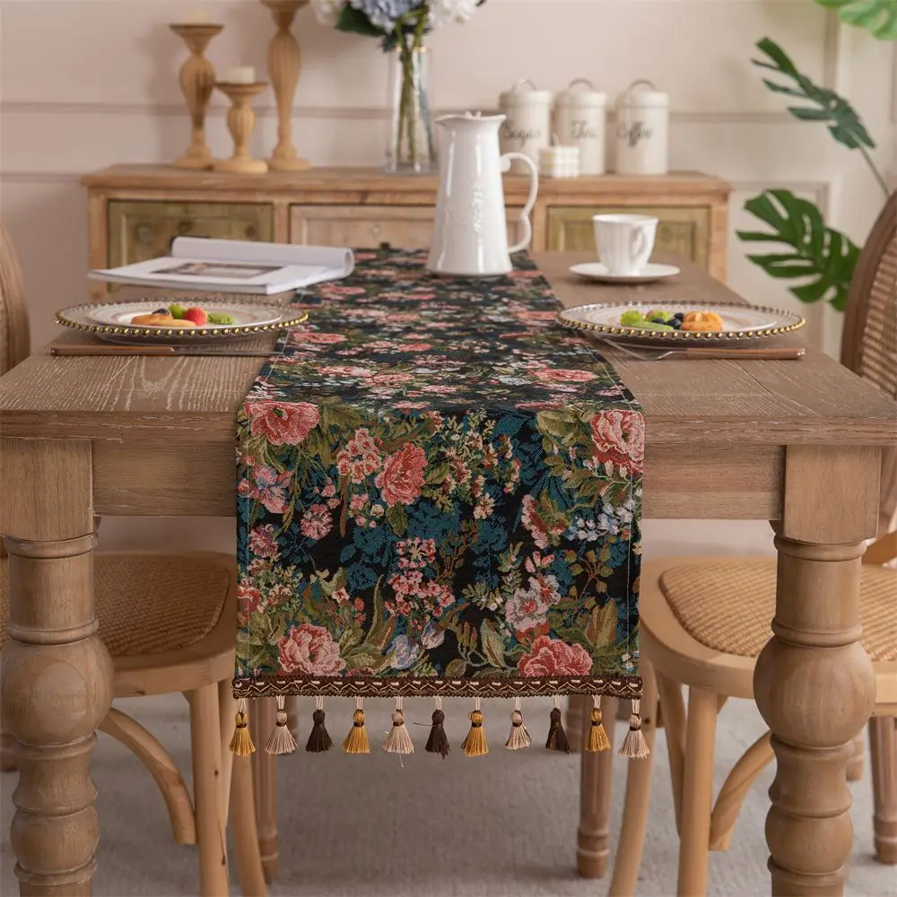 Chinese Retro Black Table Flag Polyester Yarn Dyed Jacquard Home Fabric Decoration Bucket Cabinet Tea Table Cover Cloth