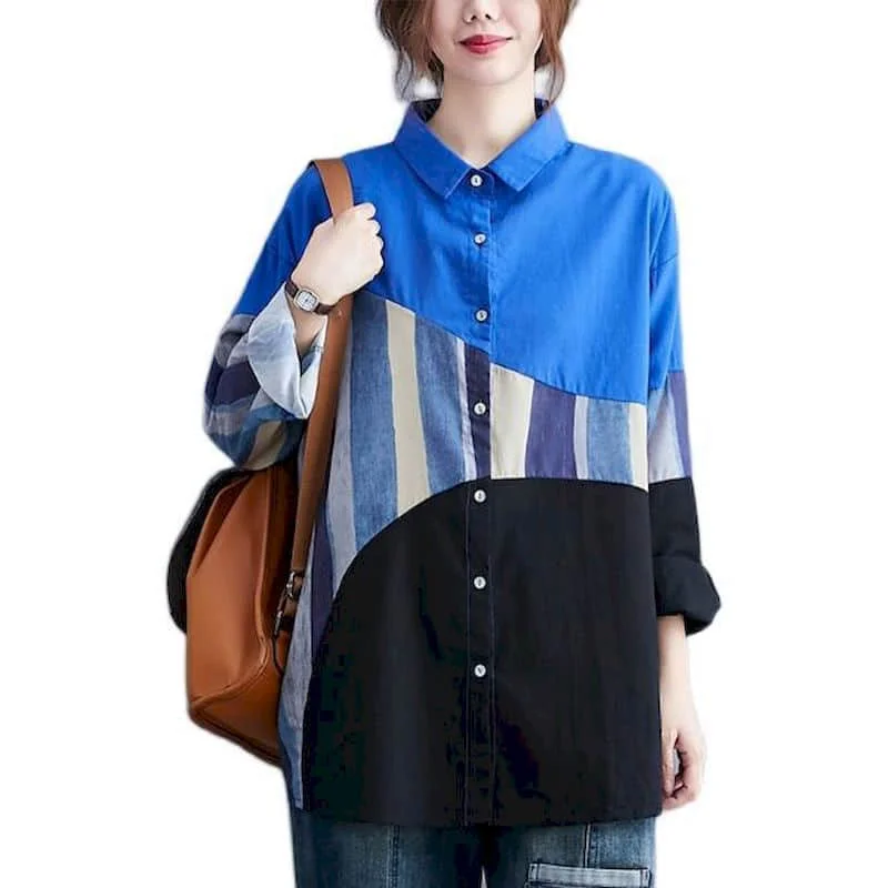 Overhemden Met Lange Mouwen Voor Dames Contrast Kleur Patchwork Ontwerp Polo-Hals Blouses Koreaanse Stijl Casual Oversized Trend Vrouwen Tops