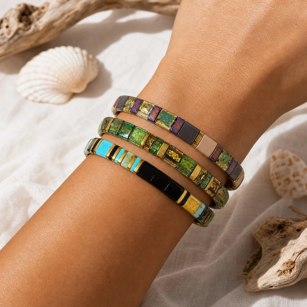 3pcs Colorful Glass Tile Bead Bracelet Geometric Square Beaded Stackable Bracelet for Women Beach Style Jewelry