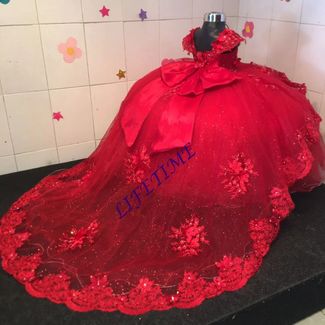 

CustomizedFlower Girl Dress For Wedding Tulle Puffy Applique With Bow Elegant Red Kids Birthday Party First Communion Ball Gowns