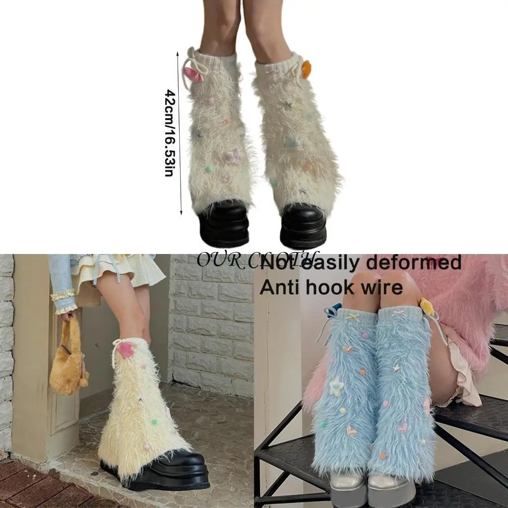 

Women Girls Japanese Furry Plush Leg Warmer Socks Winter Warm Colorful Star Bows Anime Fuzzy Boot Covers Streetwear Y1AC