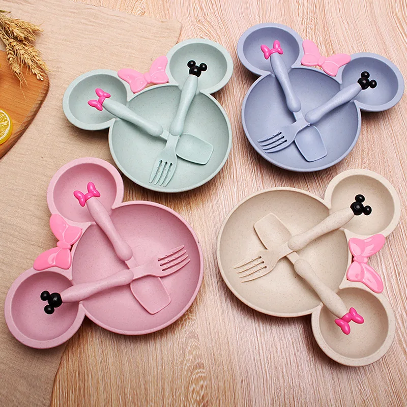 

MINISO New Kawaii Minnie Mouse Children Tableware Suit Cartoon Wheat Straw Anime Complementary Food Plate Bowl Toys Girls Gifts