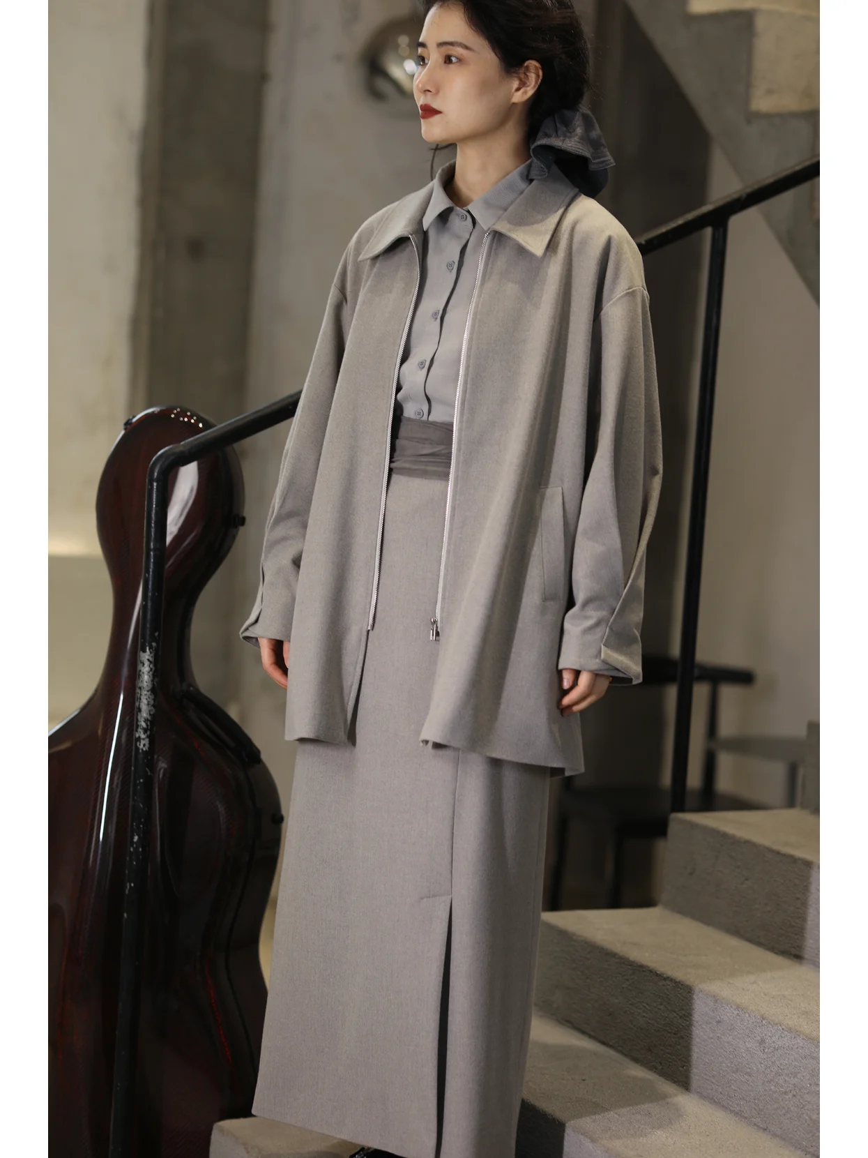 

SayFir Wool Blend Casual Zipper Silhouette Old Money Sle Top And Skirt Set Mid-Length Straight Cut Long Sve Collar