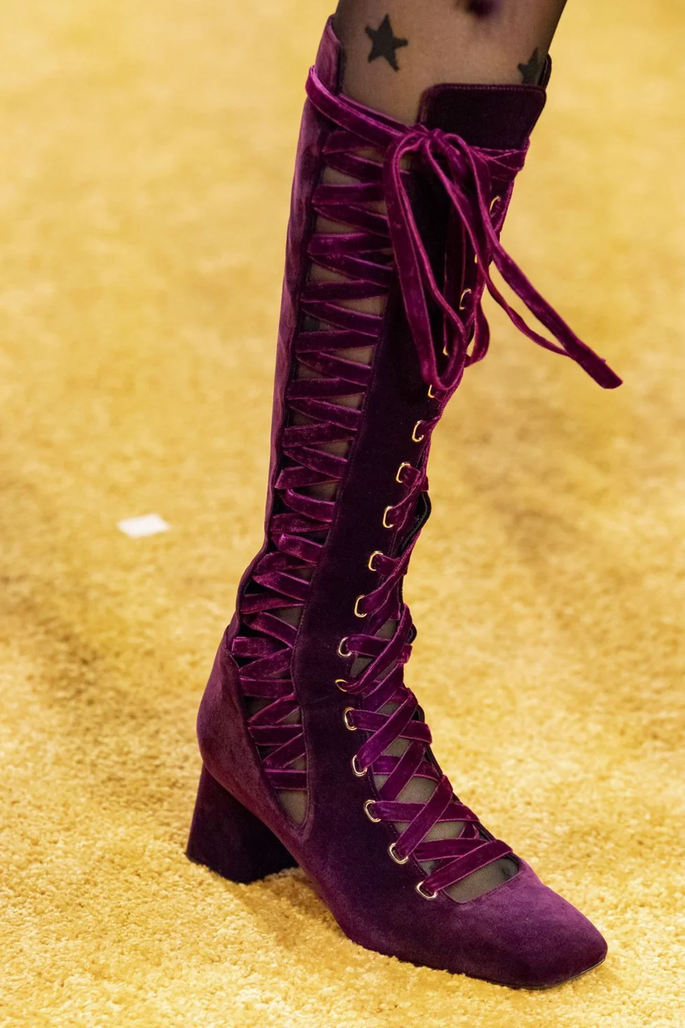 

Custom Velvet Chunky Block Heel Knee-High Boots Square Toe Intricate Lace-Up Straps Sexy Hollow Design Lady Runway Looks