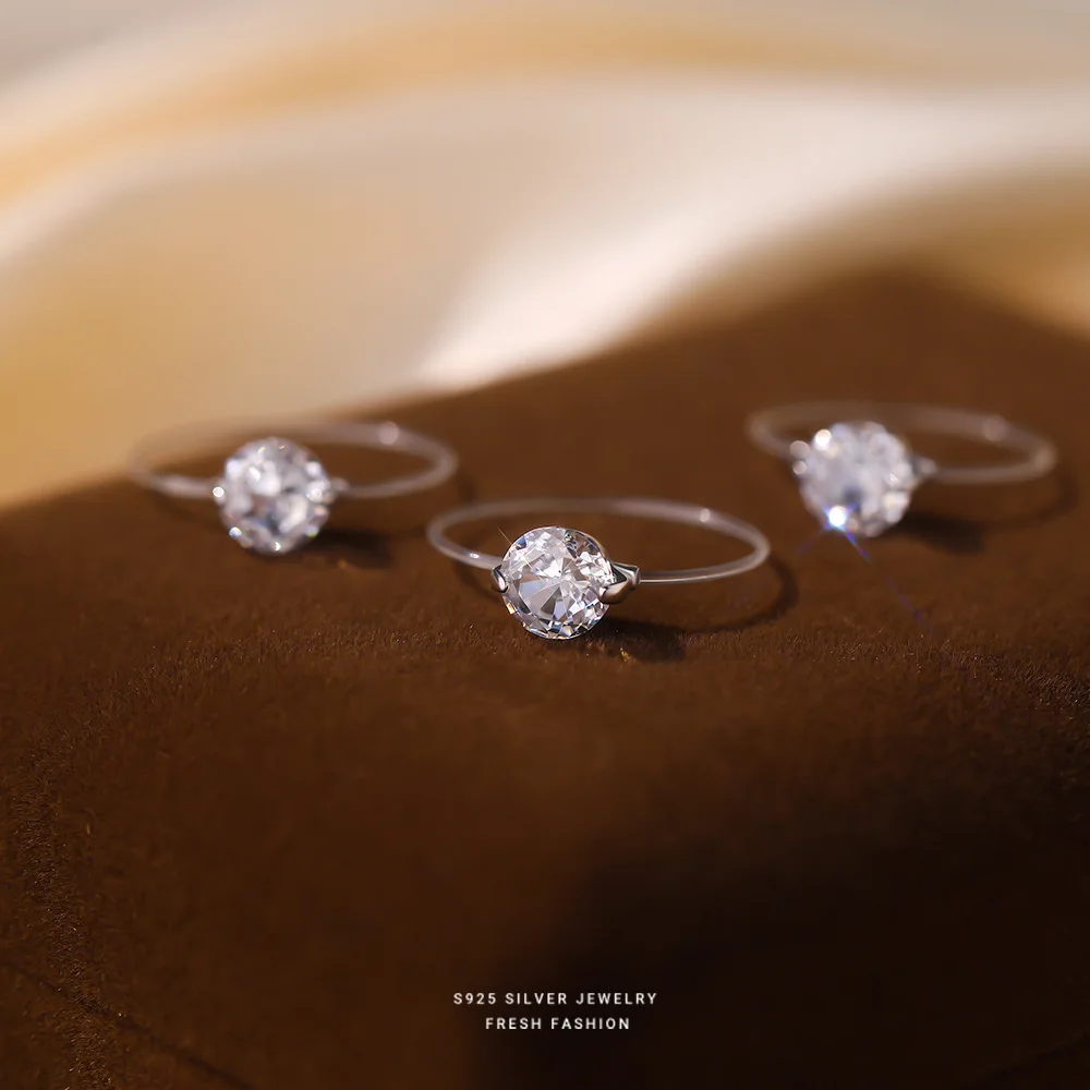 

925 Sterling Silver Solitaire Zircon Ring, Dainty Minimalist Sparkling Crystal Ring, Elegant Fine Jewelry for Women Gift