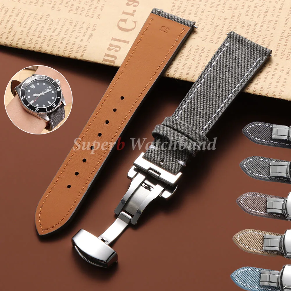 

18mm 20mm 22mm Denim Strap Nylon Watch Band for Seiko Butterfly Buckle Men Women Sport Business Quick Release Black Wristband