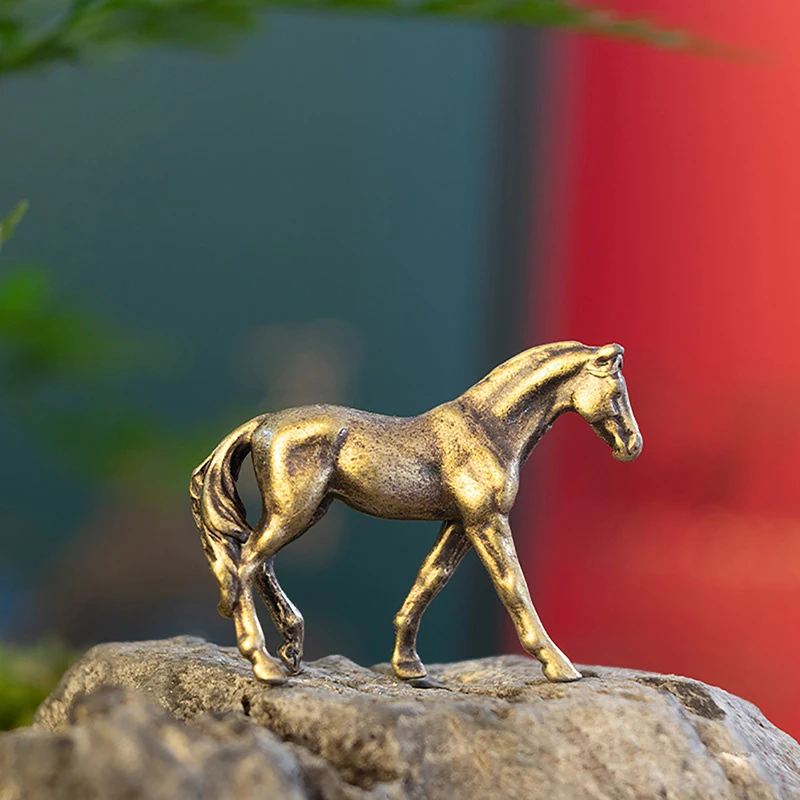 [1pc Miniature Antique Brass Long Tail Horse Figurines Feng Shui Ornament Copper Zodiac Animal Mini Desktop Crafts Home Decor]