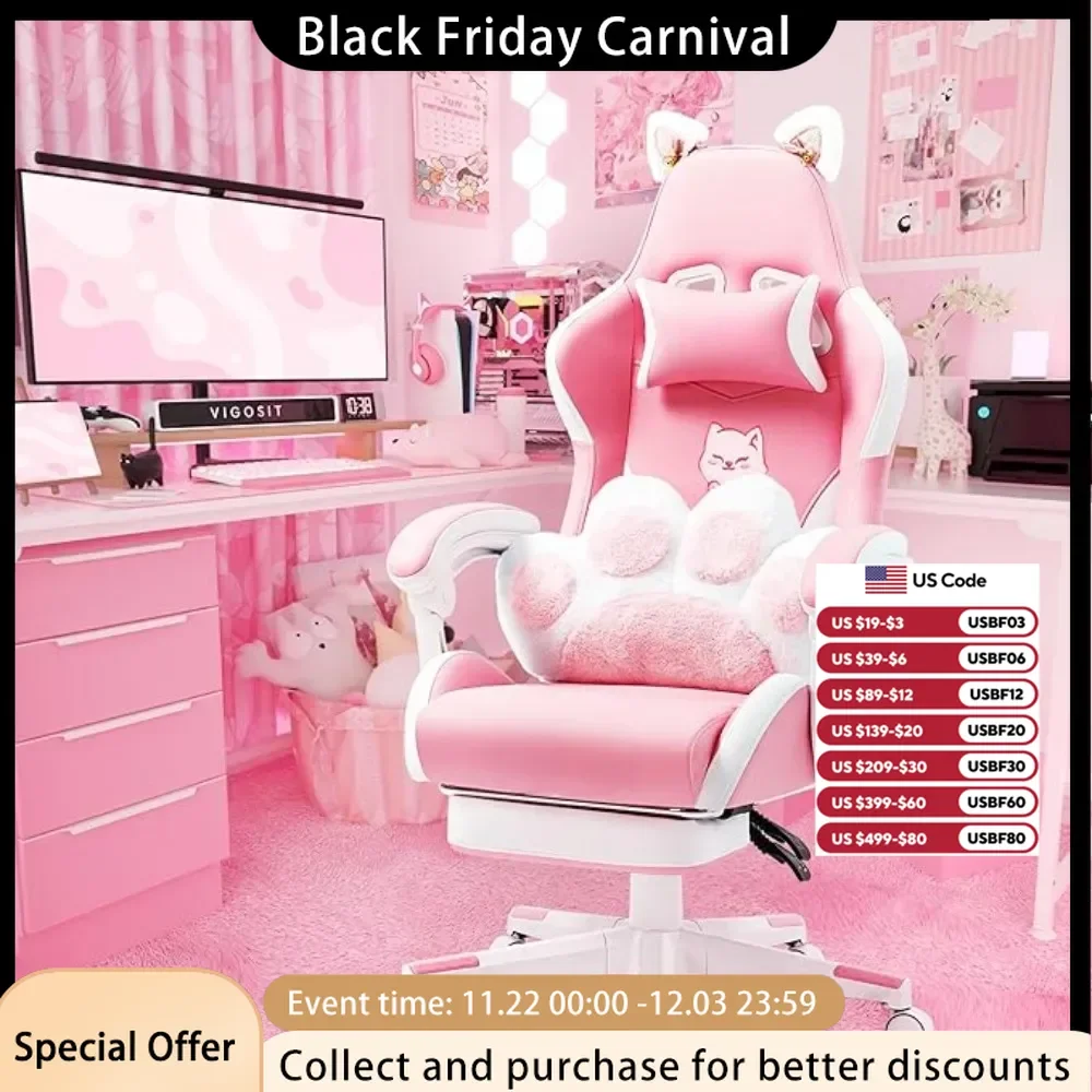 Silla de juegos rosa con almohadilla para la cintura y orejas de gato, silla ergonómica para ordenador con pedales de pie, silla de oficina