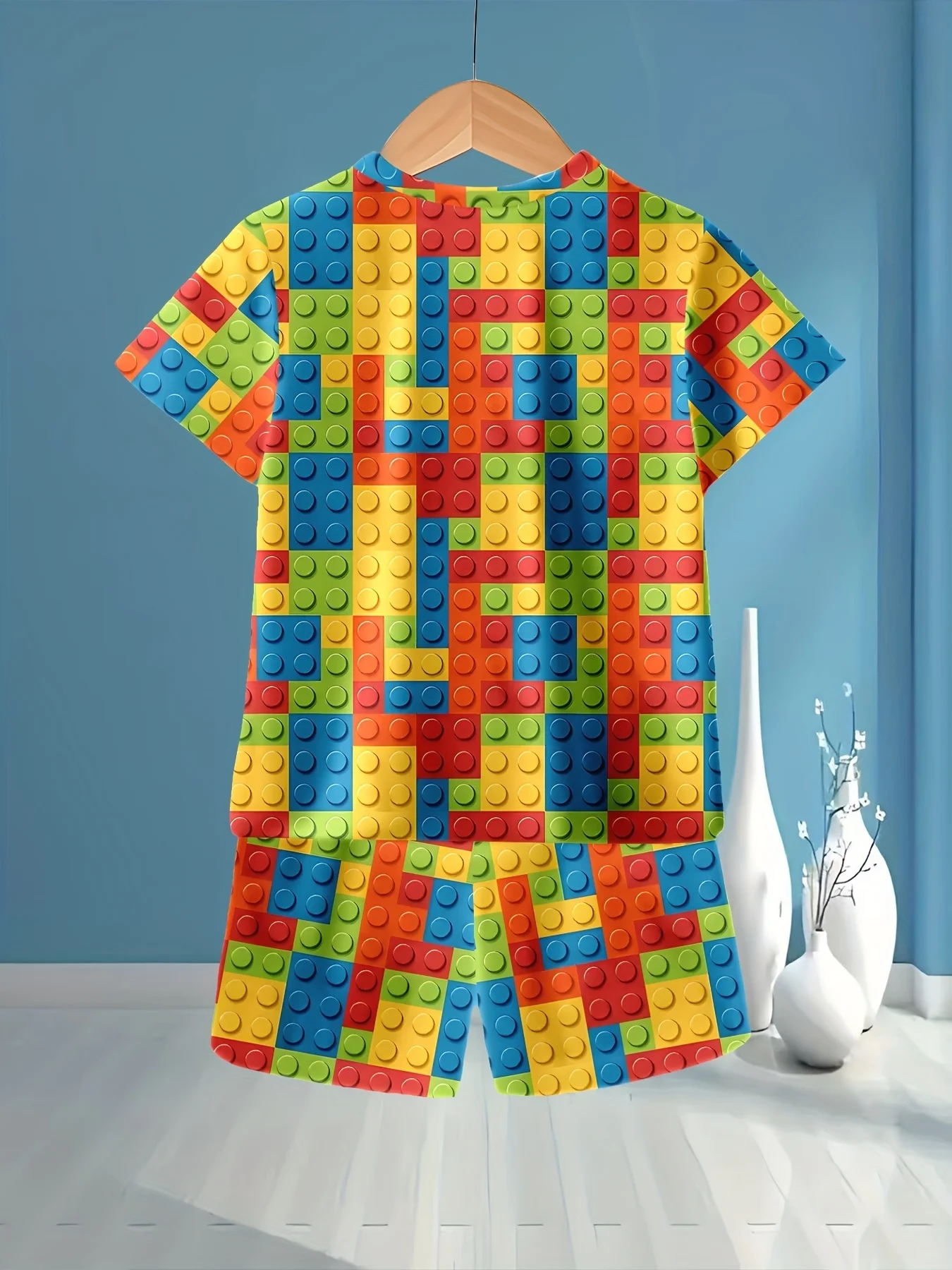2026 Kinderkleidung 3D Bunte Bausteine Sommer-Oberteile Kinder-Sets Kurzarm Kinder-Trainingsanzüge Modische Jungenkleidung – Detail 6