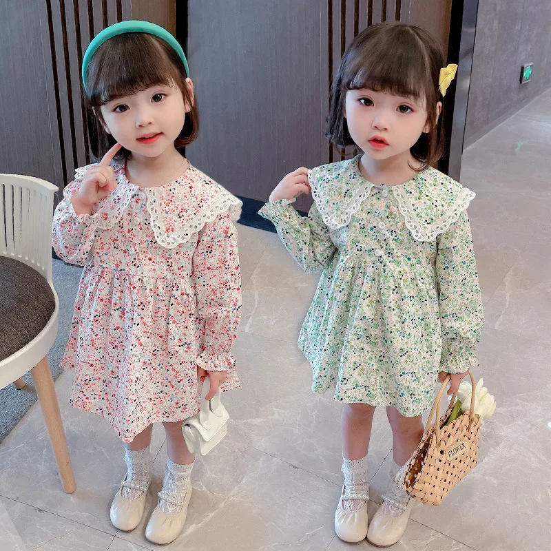 

Children's Skirt Wholesale Autumn New Style Toddler Cotton Skirt Doll Collar Floral Casual Children's Dress