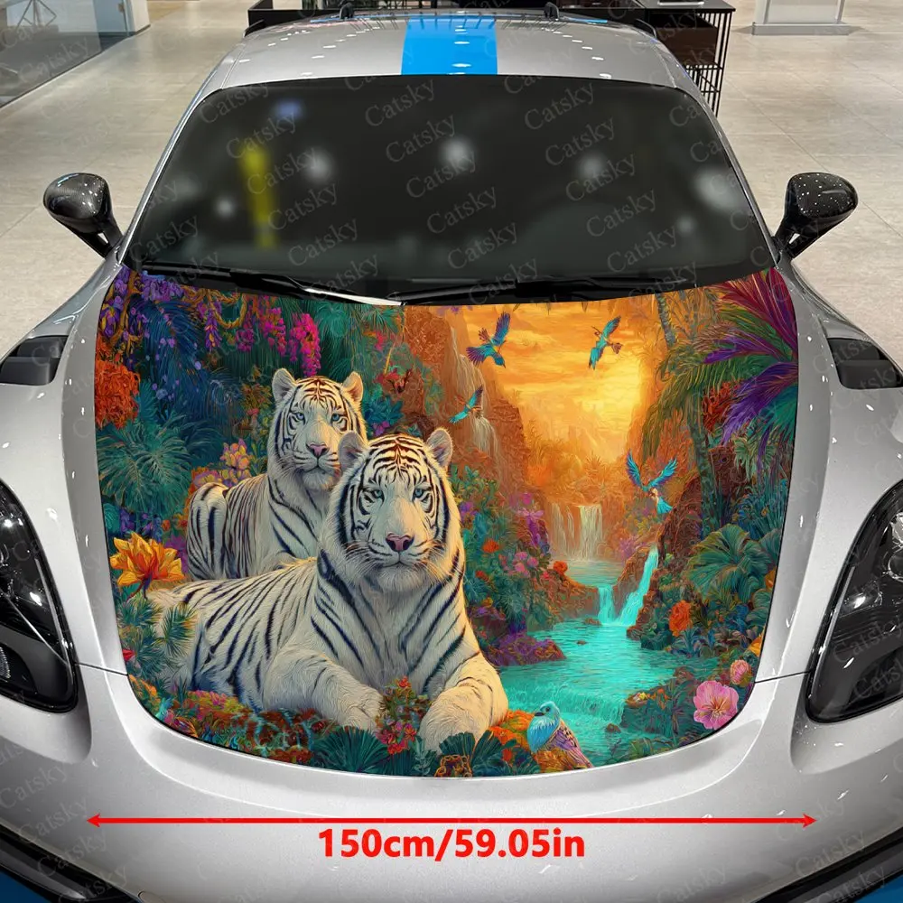 Sunset Stream Totem White Tiger Car Vinyl Wrap, PVC Waterproof Car Hood Sticker, Self-Adhesive Scratch-Resistant Stickers