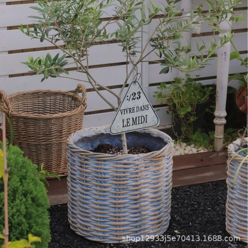 Old floor imitation rattan breathable flower pot outdoor courtyard garden decoration magnesium oxide ornament crafts