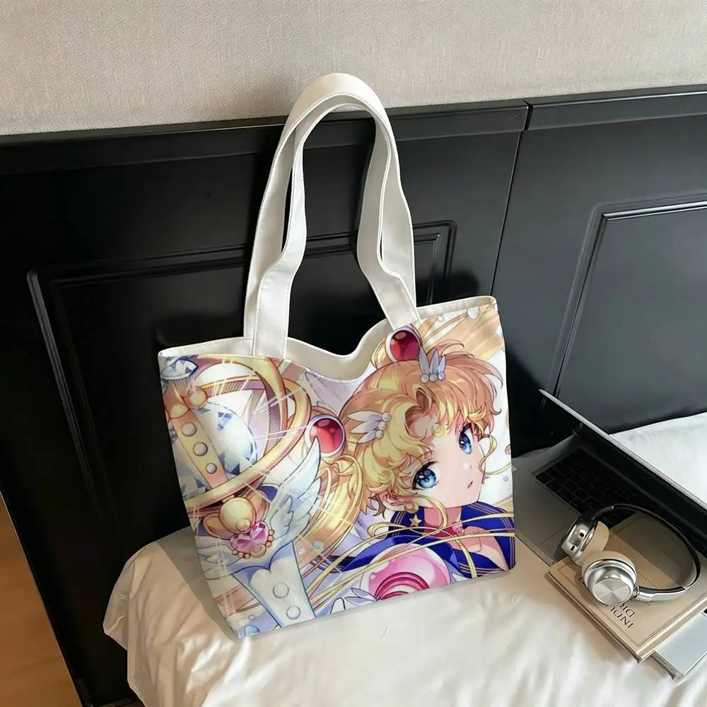 

S-Sailor Moon Printed Canvas Tote Bag Shoulder Bag Commuter Mommy Shopping Bag