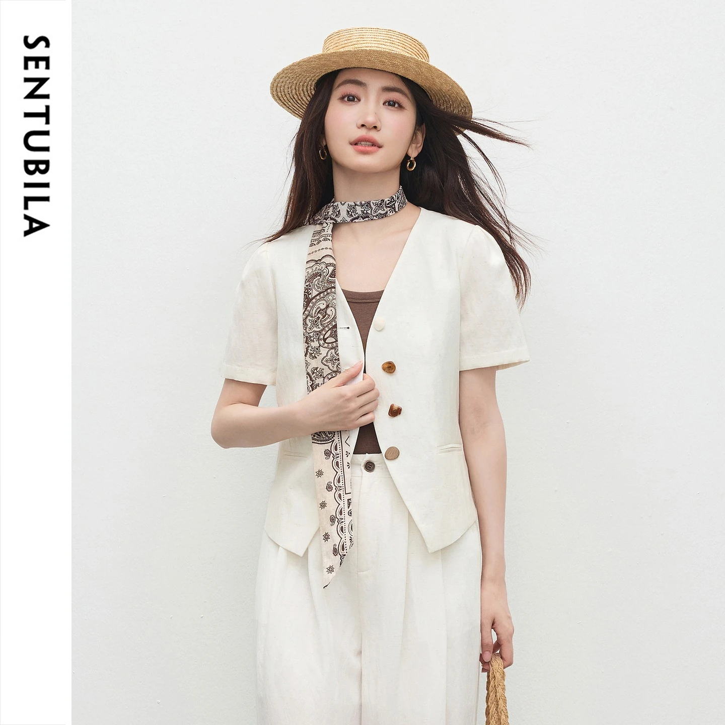 SENTUBILA Women's Short Sleeve Blazer 2026 Summer Lyocell Linen Simple Commuter Slim Fit Tops Ladies Office Wear Q62XC7391