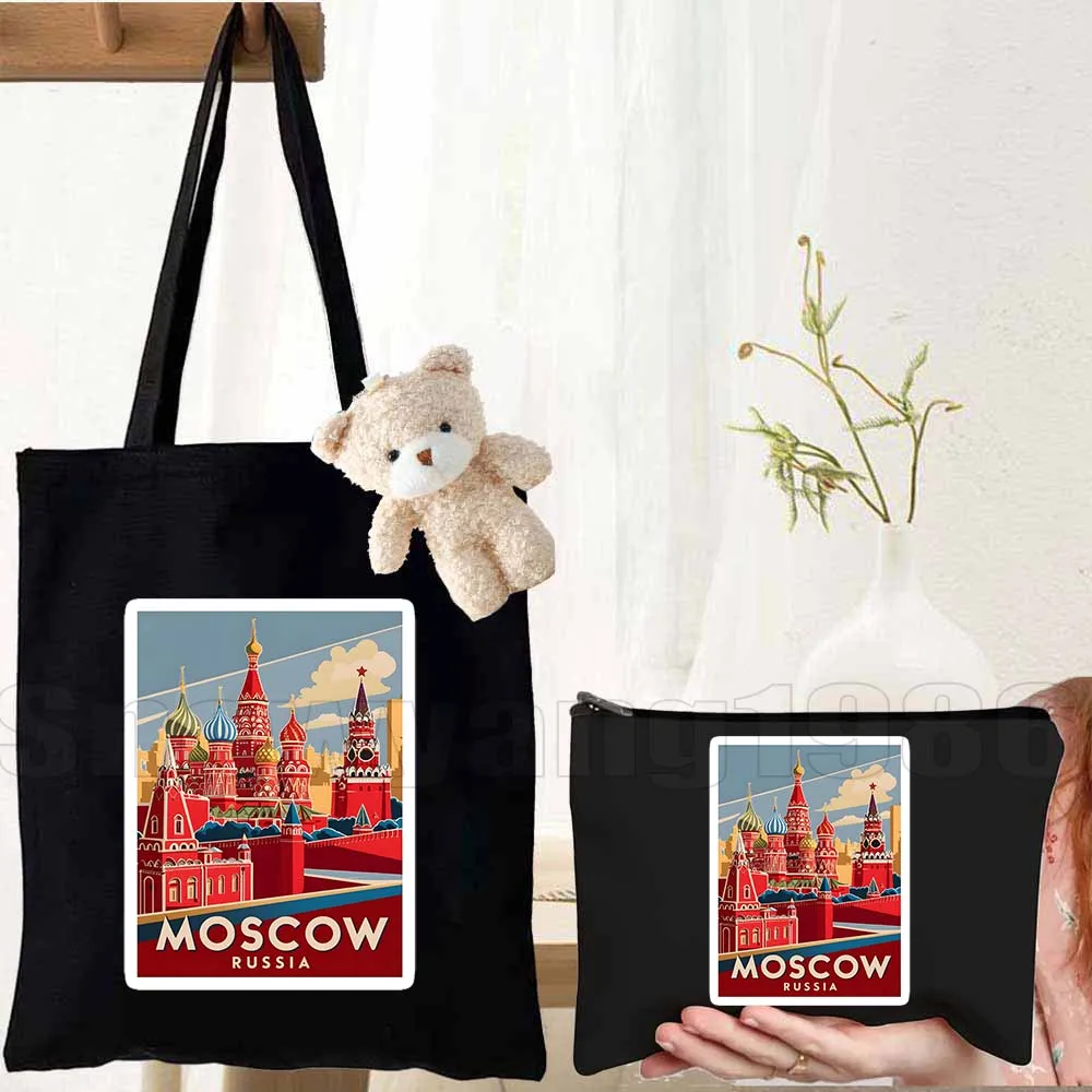 

3pcs Vintage Travel Art of Moscow Russia Retro Soviet Matryoshka Russian Canvas Shoulder Totes Bag Handbags Cotton Shopping Bag