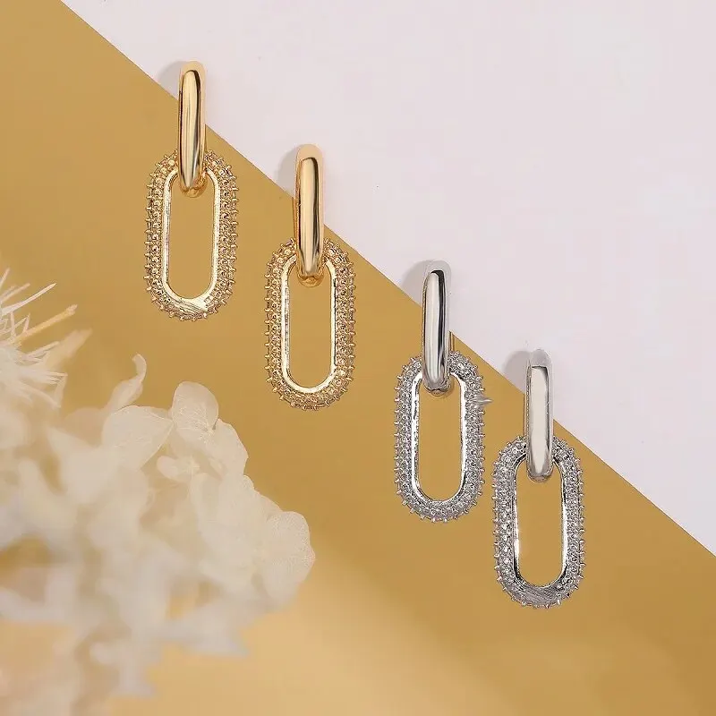 Błyszczące Geometryczne Kolczyki z Cyrkoniami Damskie Modne Lekkie Luksusowe Eliptyczne Kolczyki z Podwójnym Pierścieniem Wykwintne Akcesoria na Imprezę K-