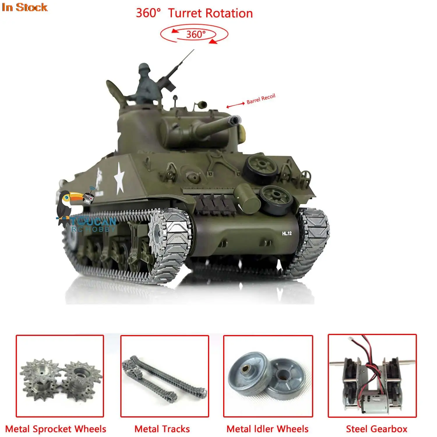 

1/16 HENG LONG 7.0 Upgraded M4A3 Sherman RC Tank 3898 Barrel Recoil 360° Turret Metal Track Idler Wheels Army Toys TH17677-SMT4