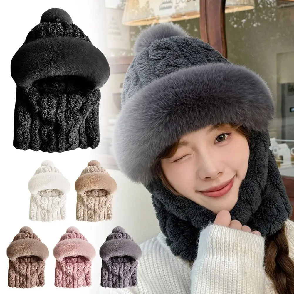 Kapuzen-Gesichtsmaske, Wintermütze für Damen, flauschig gestrickt, Kaschmir, Halswärmer, verdickte warme Mütze mit Schal-Design