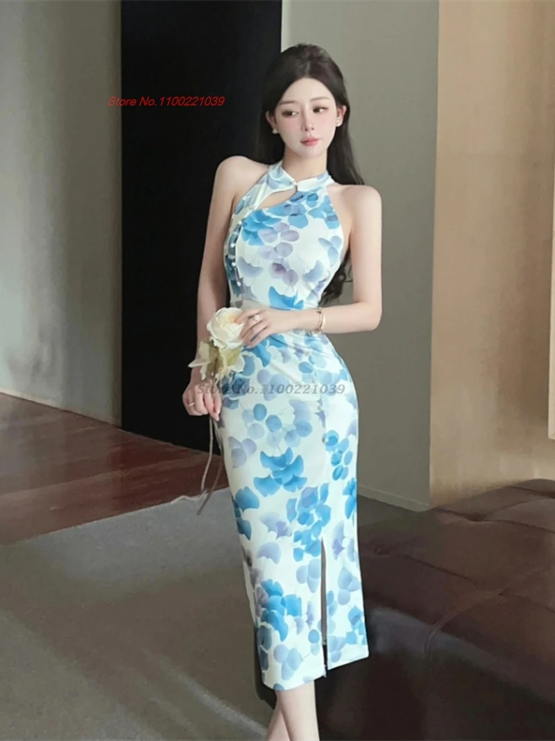 

2025 chinese sexy dress qipao improved cheongsam vintage flower print qipao traditional nightclub banquet evening dress qipao