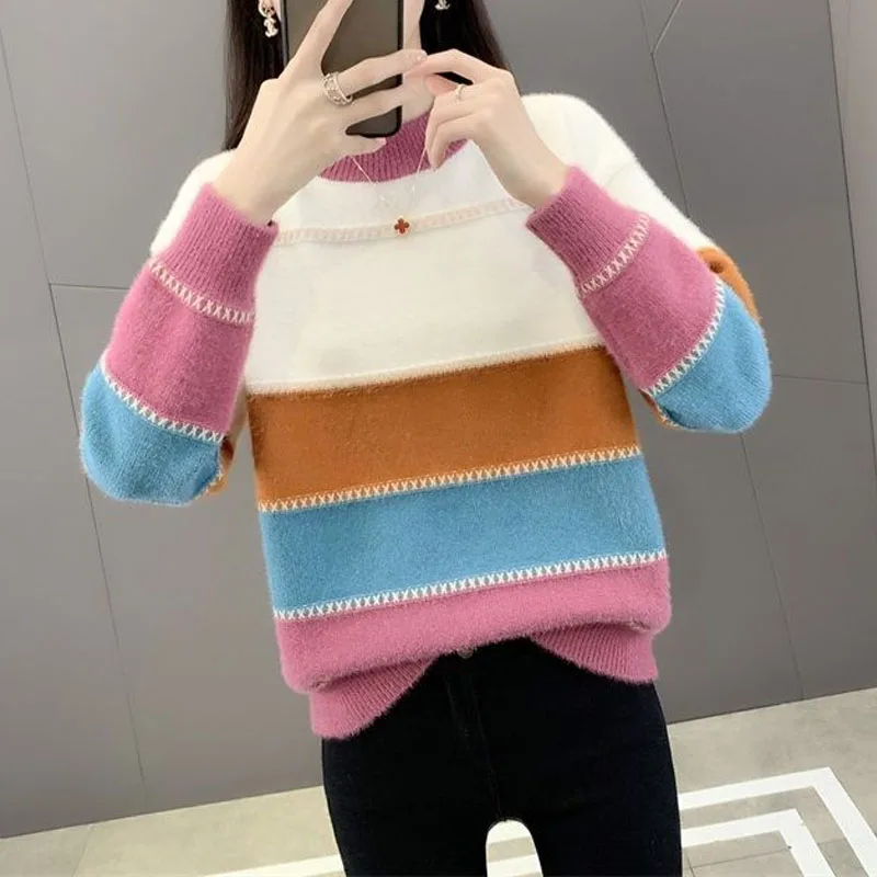 New Autumn/Winter Fashion Korean Edition Colored Mink Fleece Half High Neck Loose Versatile Western Women\'s Knitted Sweater