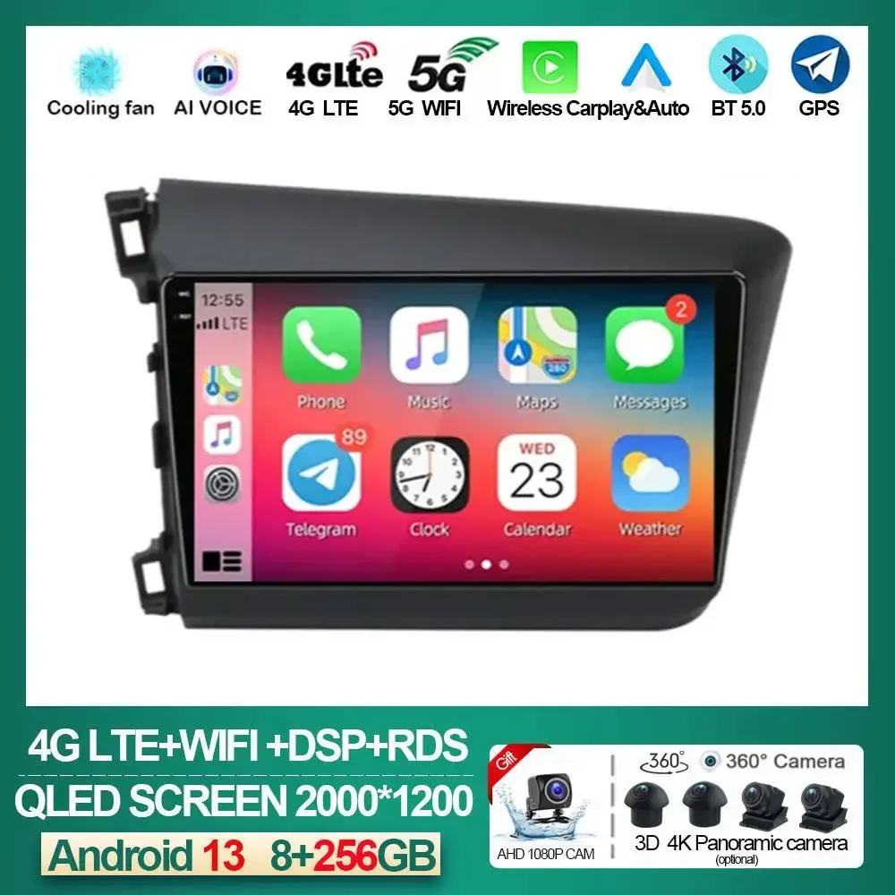 

9" 2 Din Android 13 Car Radio for Honda Civic 2012 2013 2014 2015 Multimedia Player 2din Carplay Stereo GPS DVD Head Unit NO DVD