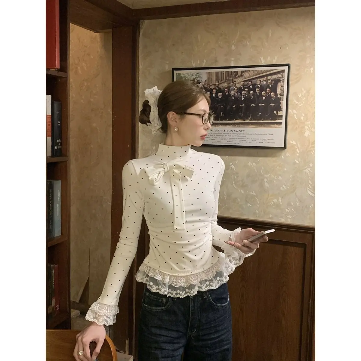 Romantic  Knot Long Sleeve T-Shirt Women's Lace Trim Slimming Anti-Aging Casual Style Midi Waist Design Checkered Pa...