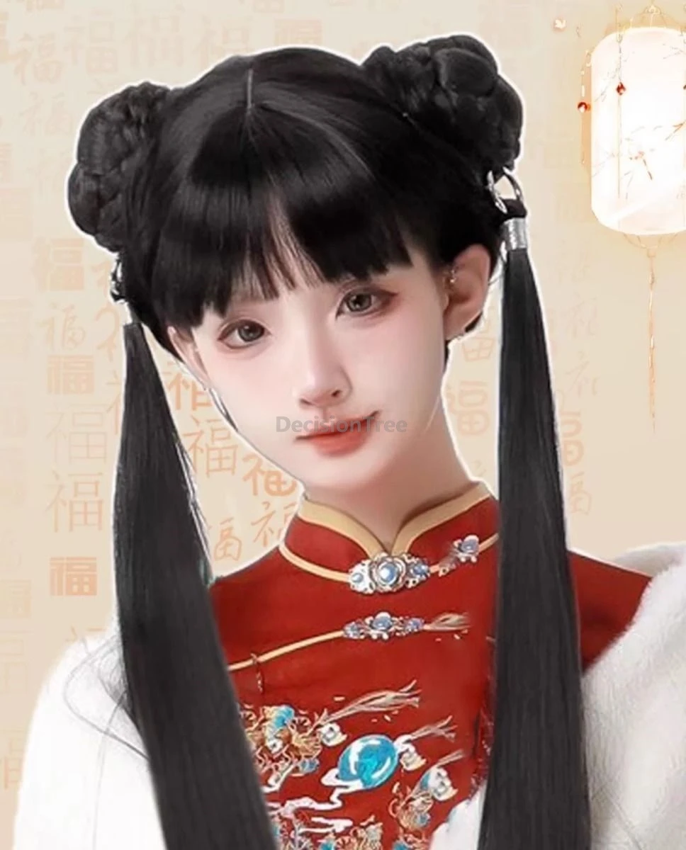 

2025 japanese style anime cosplay wig new chinese style cute girls' daily twintails handmade naturally fluffy hanfu hairpiece