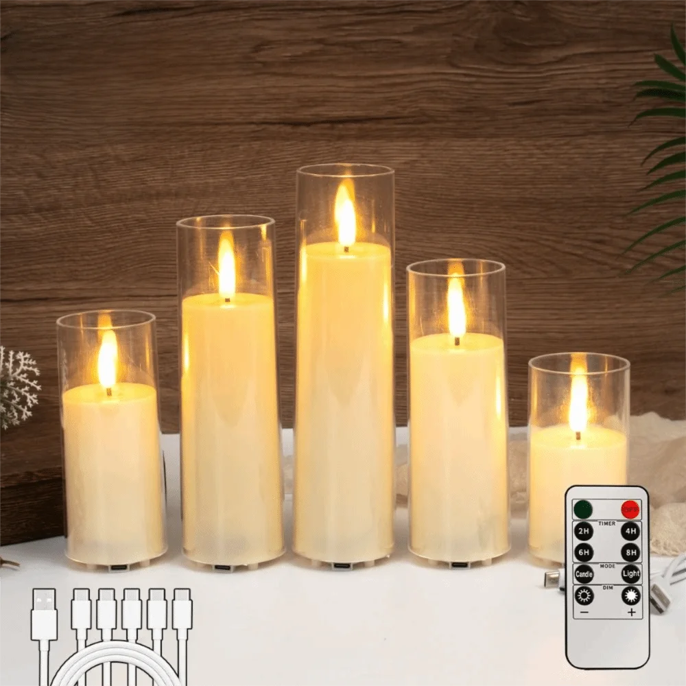 Rechargeable LED Flameless Candles with Remote Control Timer Electronic Candles Clear Candle Shell Realistic Flickering