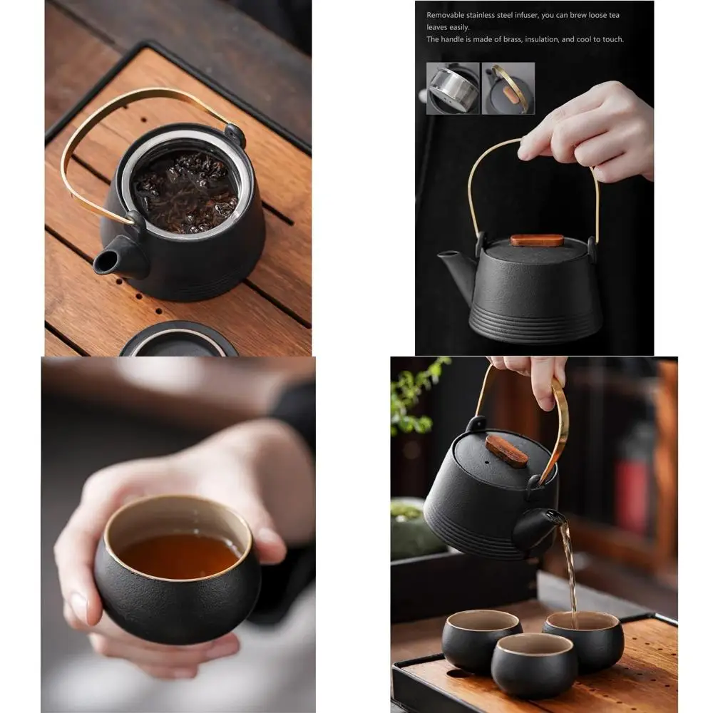 

Japanese Handcrafted Coarse Pottery Tea Set with Kung Fu Loop-Handled Teapot and 4 Cups