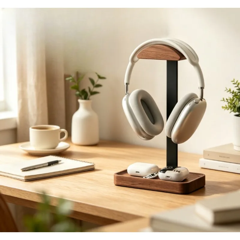 Headphone Stand Dual Arc Wood Aluminum Desktop Earphone Holder Display Rack for Gaming Headsets, Sturdy Creative Organizer