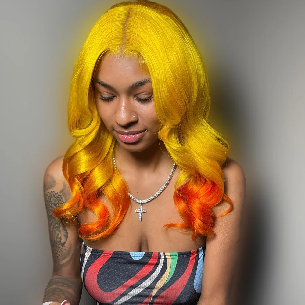 Ombre Gelb Orange Körperwelle 13x6 Blond Farbige Spitze Front Rohes Echthaar Perücken Für Frauen 13x4 Spitze Frontal Perücke Vorgezupft