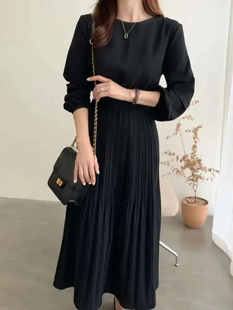 Korea Chic Herfst Casual Trend Vrouwen O Hals Riem Mode Eenvoudige Geplooide Jurk Met Lange Mouwen 2025, Lente Herfst